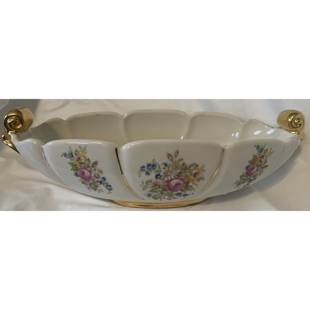 Vintage Mid-Century Abingdon USA Blue Gilded Floral Planter Console Bowl #532 - Picture 1 of 6